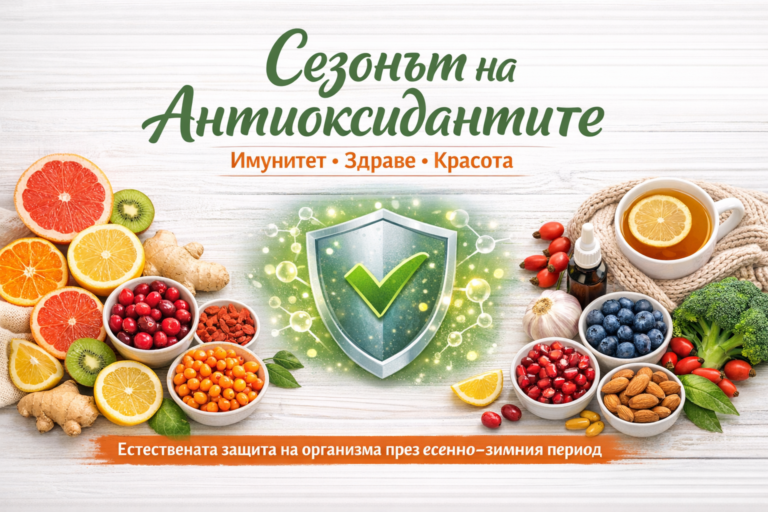 Сезонът на антиоксидантите – плодове, зеленчуци и билков чай около символ на защита