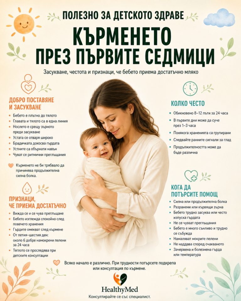 Практична информационна визия HealthyMed за кърменето през първите седмици, правилното засукване и признаците за достатъчно кърма.