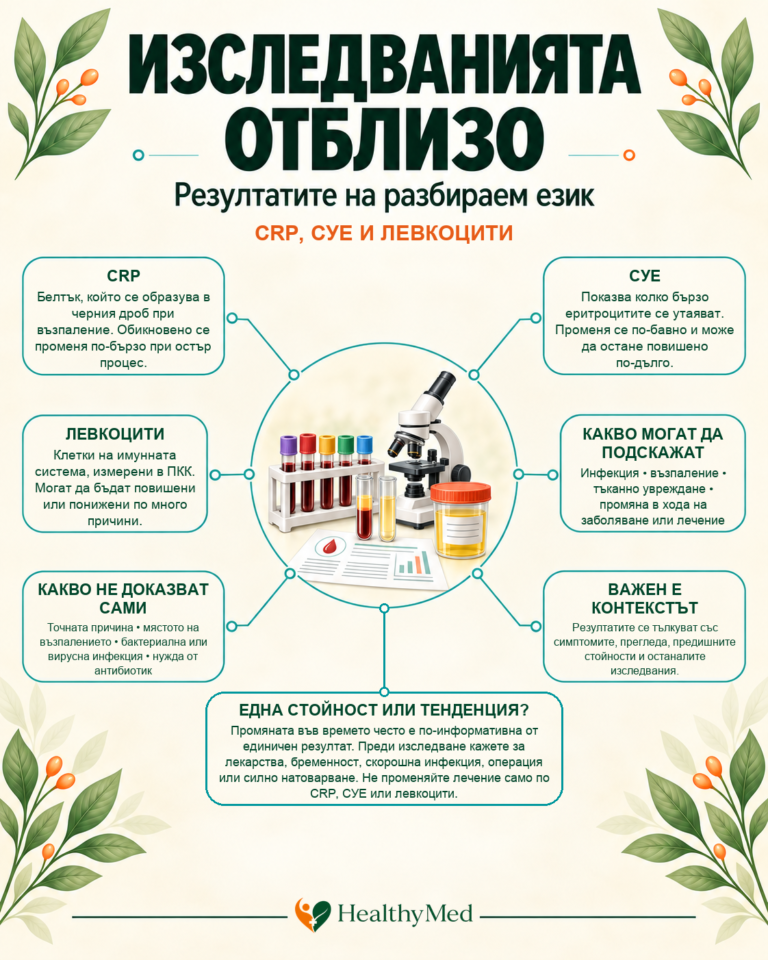 Информационна визия HealthyMed за CRP, СУЕ и левкоцитите като показатели при възпаление и инфекция.