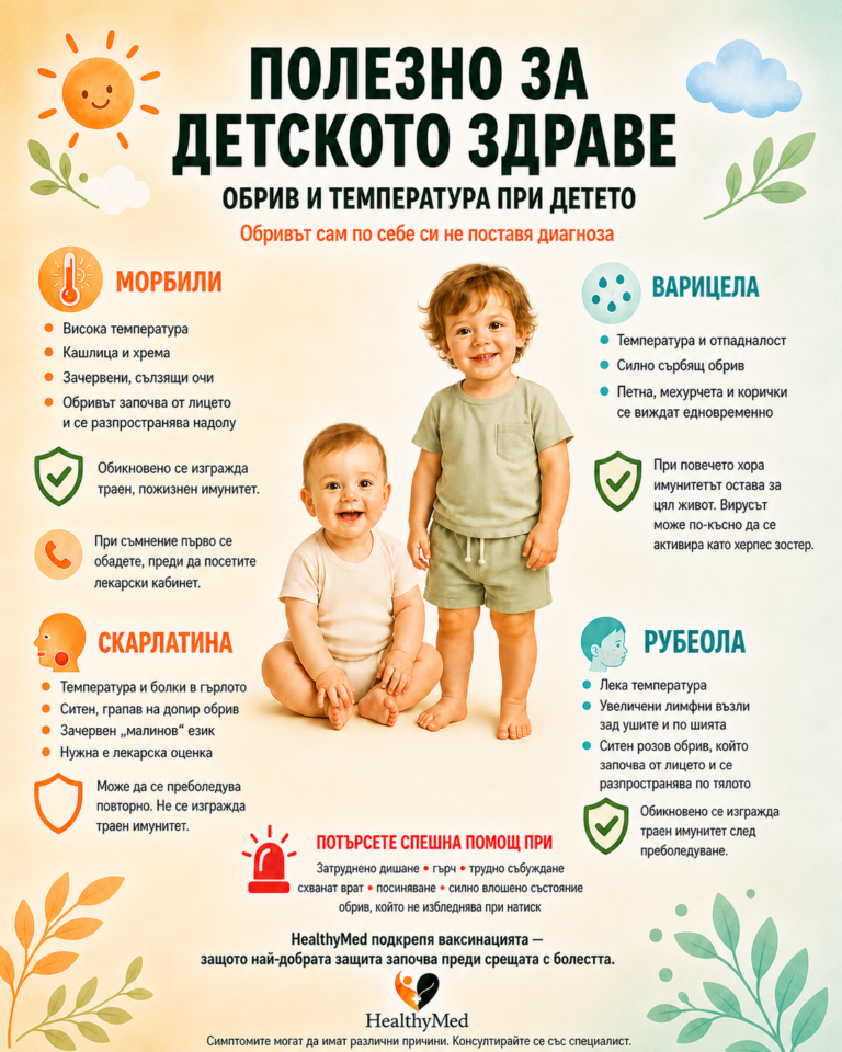 Информационна визия HealthyMed за обрив и температура при детето: морбили, варицела, скарлатина и рубеола, имунитет след преболедуване и кога е нужна спешна помощ.