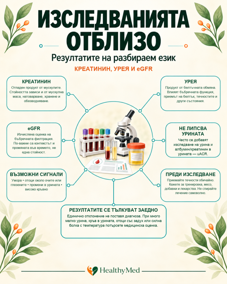 Информационна визия HealthyMed за креатинин, урея и eGFR — какво показват за бъбречната функция и как се тълкуват резултатите.