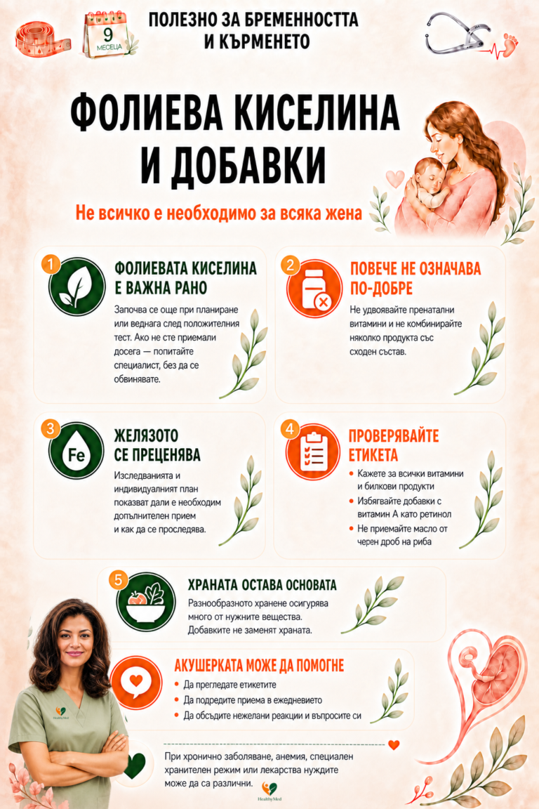 Информационна визия HealthyMed за фолиевата киселина и добавките през бременността: ранен прием, без дублиране на продукти, индивидуална преценка за желязото и проверка на етикетите.