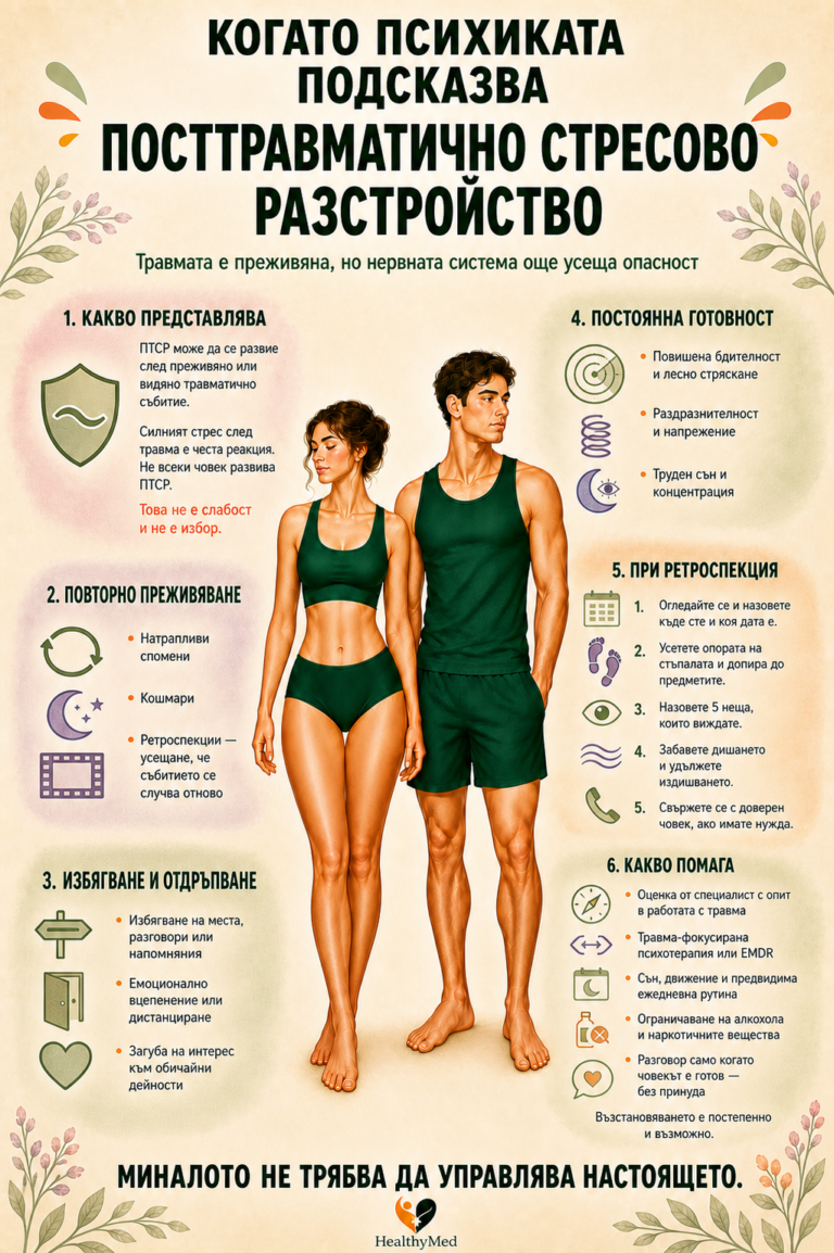 Информационна визия HealthyMed за посттравматичното стресово разстройство: повторно преживяване, избягване, постоянна готовност, какво да направите при ретроспекция и какво помага.